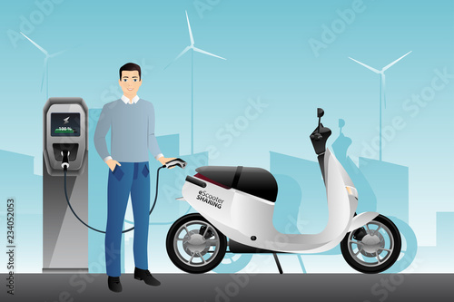 Man charges an electric scooter at a charging station. Escooter sharing. Vector illustration EPS 10