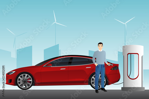 Man charges an electric car at a charging station. Vector illustration EPS 10