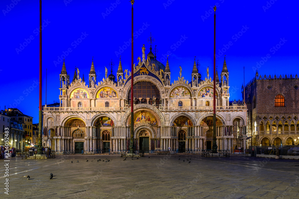 Night view of Basilica di San Marco and on piazza San Marco in Venice, Italy. Architecture and landmark of Venice. Night cityscape of Venice.