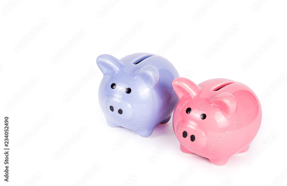 Two piggy banks on white background. Blue piggy bank on white background. Pink piggy bank. Copy space. Money and finance.