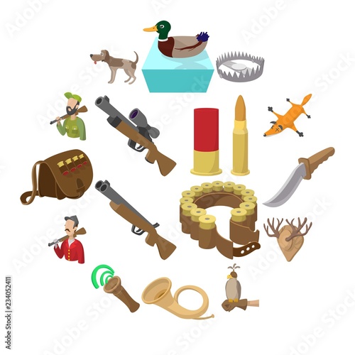 Hunting cartoon icons set isolated on white background