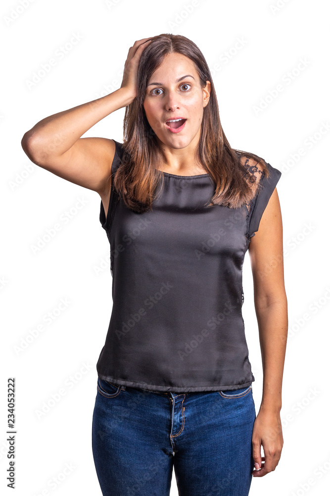 worried and surprise young woman isolated on a white background worried and surprise young woman isolated on a white background