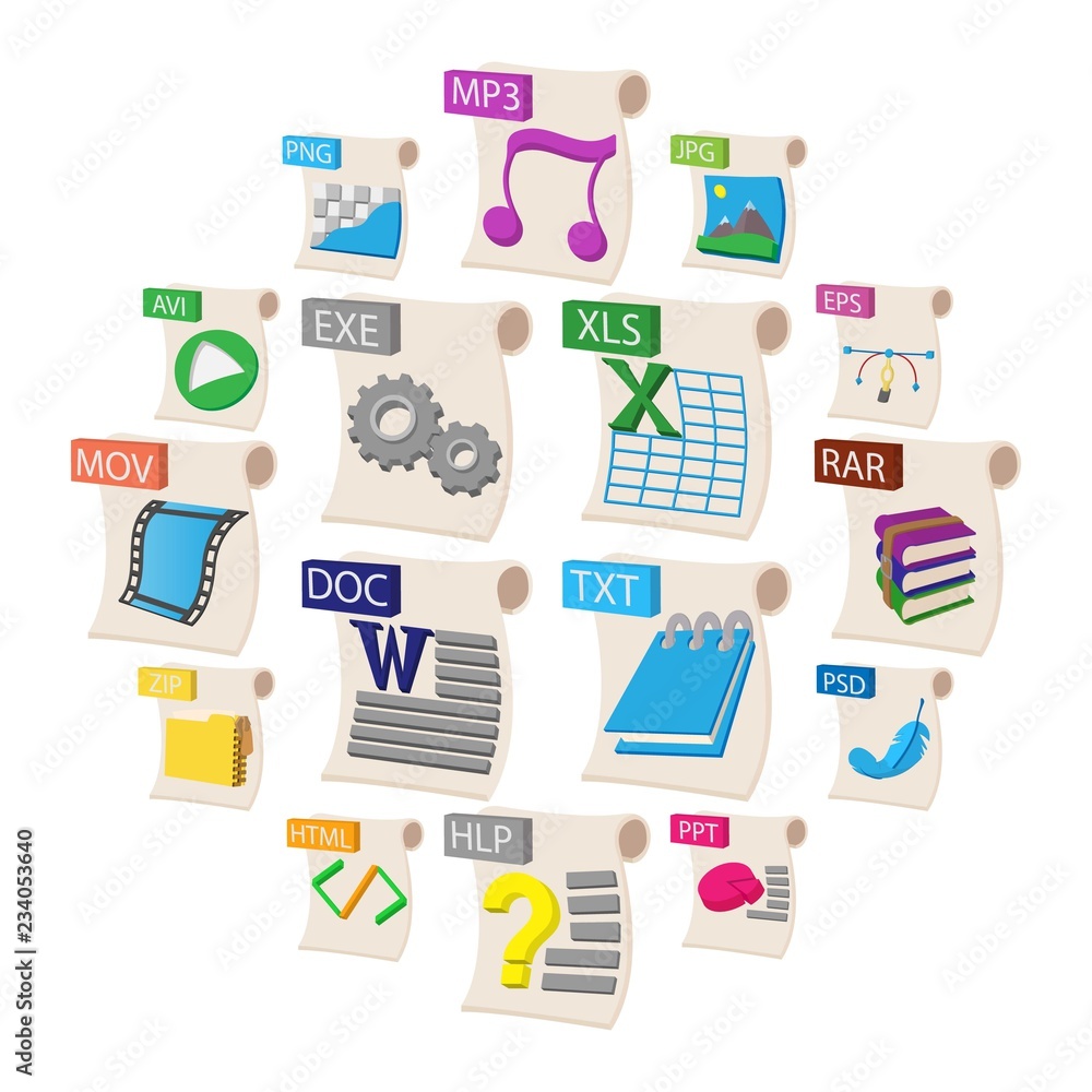 File format icons set in cartoon style isolated on white background File format icons set in cartoon style isolated on white background