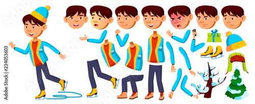 Asian Boy Schoolboy Kid Vector. Primary School Child. Christmas Animation Creation Set. Clever Positive Person. Presentation, Invitation Design. Face Emotions, Gestures. Animated Winter Illustration