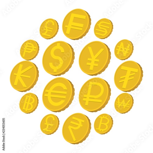 Currency icons set in cartoon style isolated on white