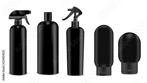 Black cosmetics sprayer and shampoo, gel, soap bottles mockup set black pump dispenser and lid. High quality containers. Realistic vector illustration package.