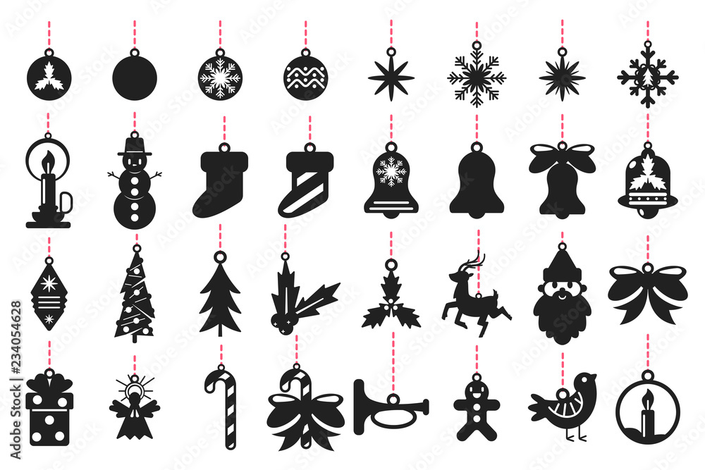 Christmas symbols black silhouette of Santa Claus, reindeer, snowflakes, balls, tree, angel, mistletoe and others. Vector set templates for laser cut isolated on white background. Векторный объект Stock
