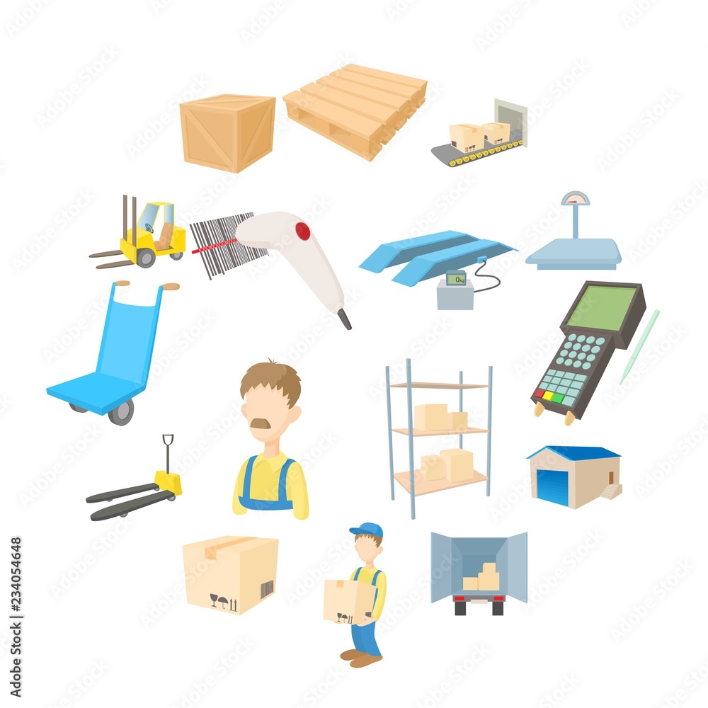 Warehouse logistic storage icons set in cartoon style on a white background