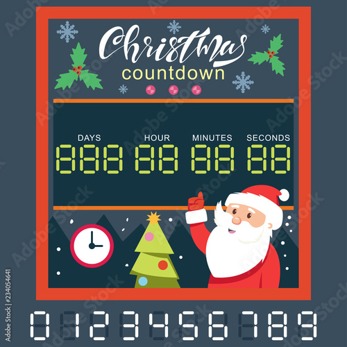 Christmas countdown. Holiday scoreboard with a timer and numbers, Santa Claus, a tree, snowflakes and holly berry leaves. Vector cartoon flat illustration.