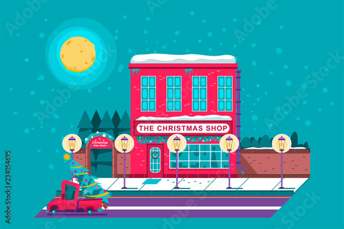 The Christmas shop and farm tree store. Vector cartoon holiday illustration with decorated building and red car on winter landscape.