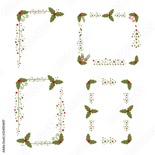 Holly berry frame. Christmas border set. Holiday decorated element isolated on a white background.