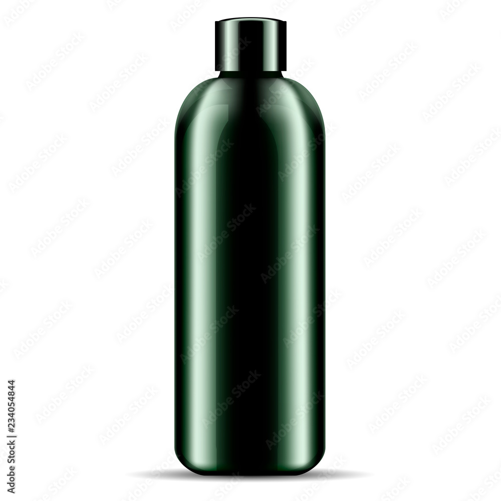 Shampoo shower gel bubble bath cosmetics bottle mockup. Geen glossy glass or plastic cosmetic product package illustration. 3d design template.