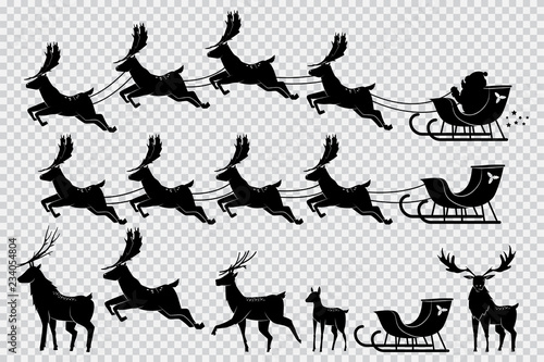 Santa Claus sleigh with reindeer. Christmas deer black silhouette vector set isolated on transparent background.
