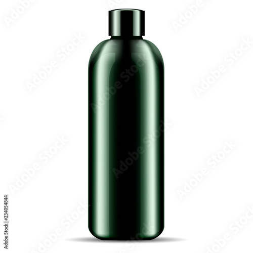 Shampoo shower gel bubble bath cosmetics bottle mockup. Geen glossy glass or plastic cosmetic product package illustration. 3d design template.