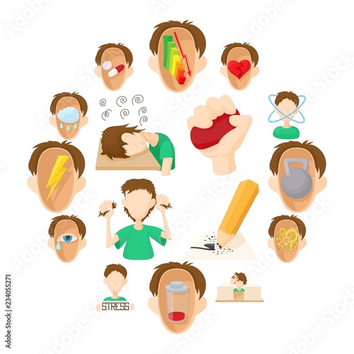 Stress icons set in cartoon style on a white background