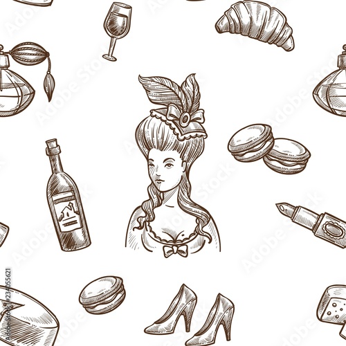 France sketch pattern background. Vector seamless design of Paris Eiffel Tower