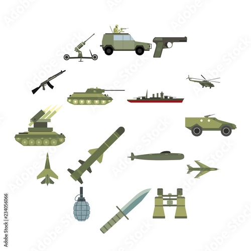 16 weapon flat icons set.  Color illustrations with military truck helicopter and ship 