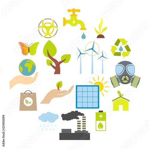 Universal ecology flat icons set. 16 color symbols