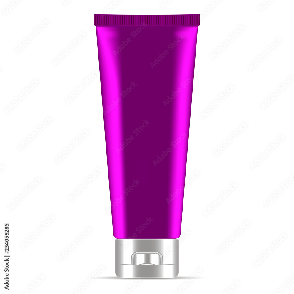 Purple cream or ointment cosmetic tube with white lid design. Realistic package vector illustration. 3d mockup template isolated on white. Purple cream or ointment cosmetic tube with white lid design. Realistic package vector illustration. 3d mockup template isolated on white.