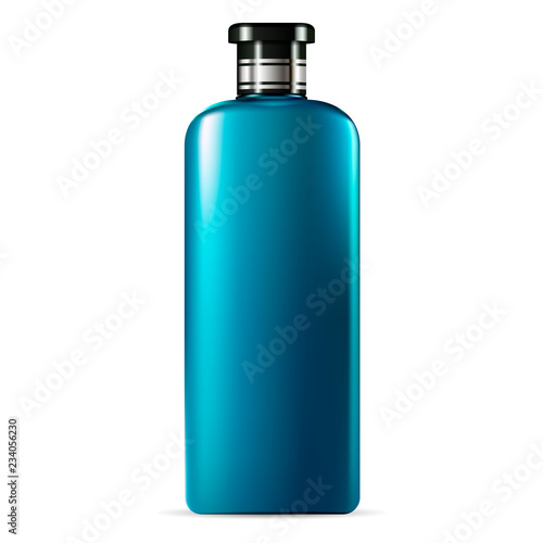 Black round cosmetic shampoo or shower gel bottle with black glossy lid. Vector design template. Cosmetics packaging mockup. Realistic 3d illustration.