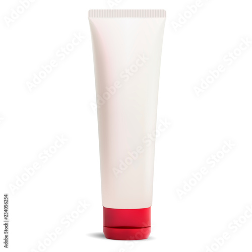Cream or ointment cosmetic tube with perl white color design and red cap. Realistic package vector illustration. 3d mockup template isolated on white. photo