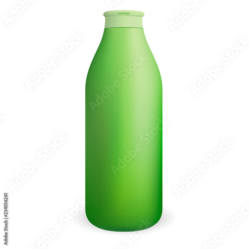 Green round cosmetic shampoo or shower gel bottle. Vector design template. Cosmetics packaging mockup. Realistic 3d illustration.