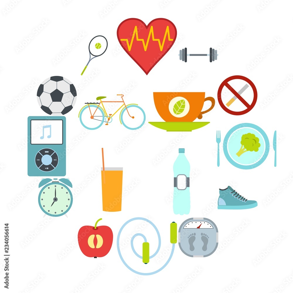 Healthy style life flat icons set. Healthy food, sport, shedule symbols with long shadows Healthy style life flat icons set. Healthy food, sport, shedule symbols with long shadows