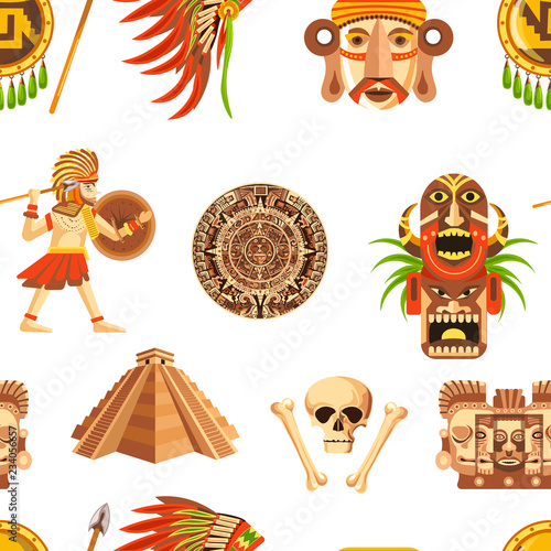 Maya traditional attributes and ancient priceless relics seamless pattern.