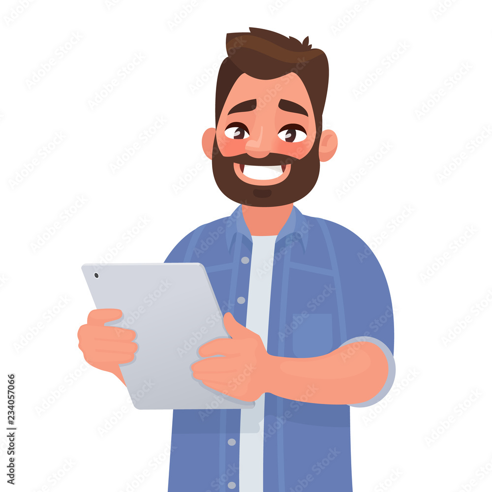 Happy man holding tablet computer in his hands. Vector illustration - obrazy, fototapety, plakaty 