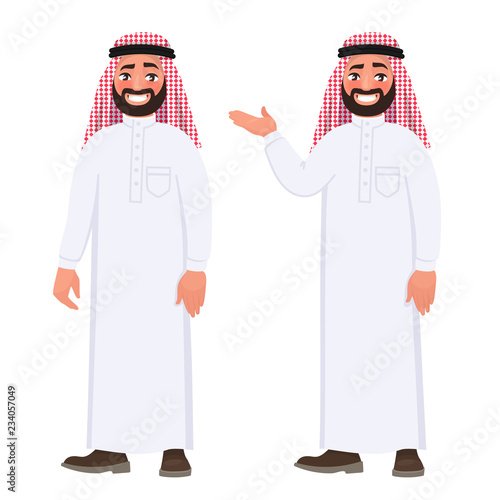 Happy arab man in national clothes on white background. Vector illustration