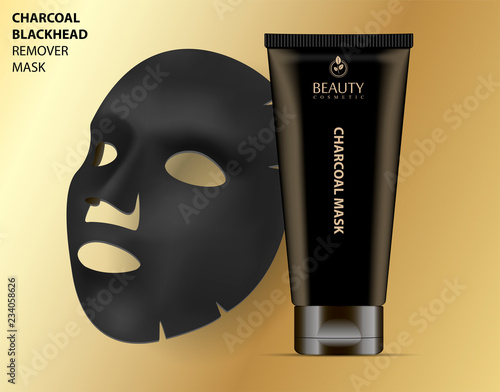 Facial cosmetic charcoal blackhead remover mask with tube. Realistic vector illustration. Package design for face mask isolated on grey background.