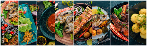 Collage of dishes. Salads, snacks, and meat dishes and fish. On a wooden background. Top view. photo
