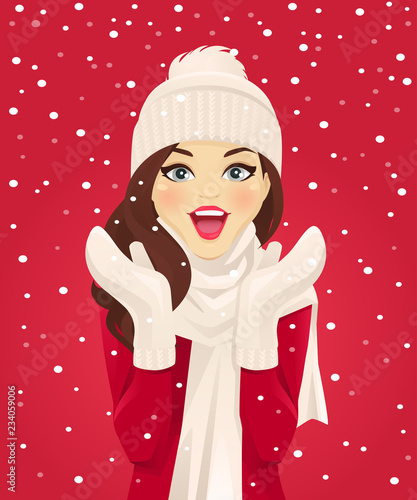 Surprised woman having fun in snowfall on red background vector illustration