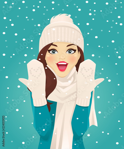 Surprised woman showing her mittens in snowfall on blue background vector illustration