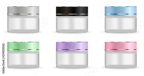 Round white matt glass jars set with different color plastic lids for cosmetics - body cream, butter, scrub, bath salt, gel, skin care, powder. Realistic 3d packaging mockup template.