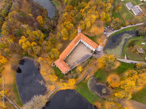 Aerial view of Panemunes castle in Lithuania. Aerial view of the castle. photo