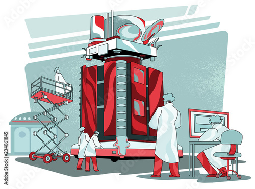 Group of engineers works on spacecraft in the clean room. Scientists building satellite. Space probe under construction. Aerospace industry vector illustration.