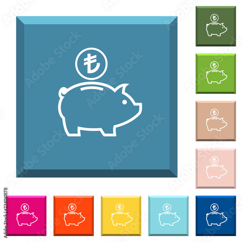 Turkish Lira piggy bank white icons on edged square buttons