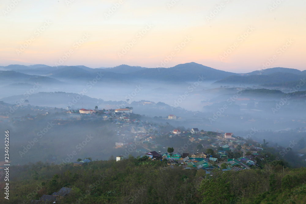 Village in mountain in mist day - Dalat, Vietnam