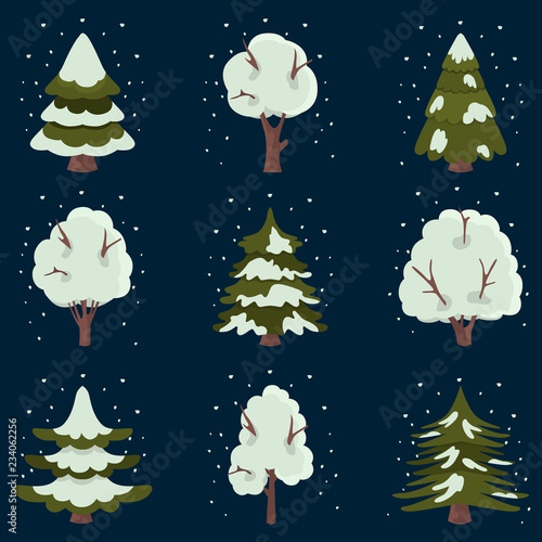 Spruce and deciduous trees covered with snow color flat icons set