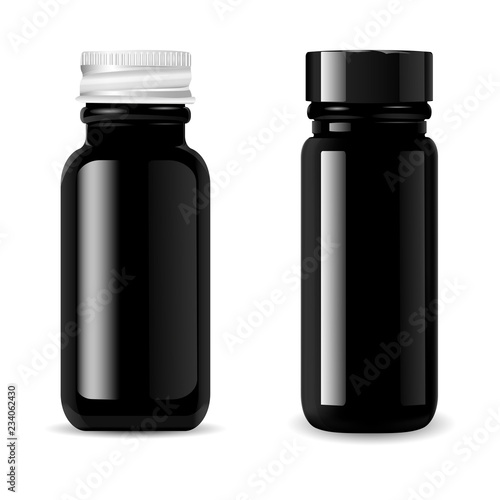 Black glass cosmetic bottles mockup set with black glossy and metallic lids. Pharmacy package for medical products. High quality eps10 vector illustration.