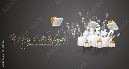 Merry Christmas and Happy New Year 2019 firework gift box gold black greeting card