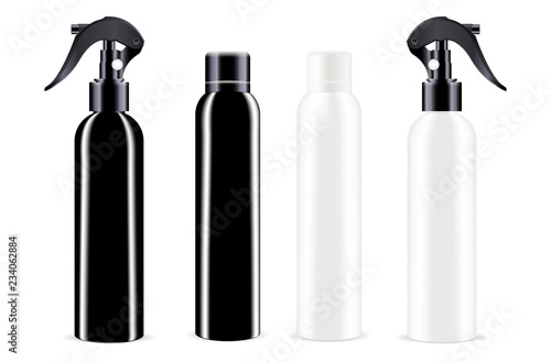 Spray bottles in black and white colour. Different sprayer lids. Cosmetic bottles mockup set. EPS10 vector illustration.