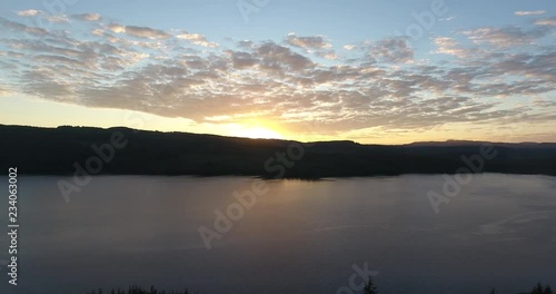 Inspiring Distant Green Landscape Drone Shot in Scotland with a Loch