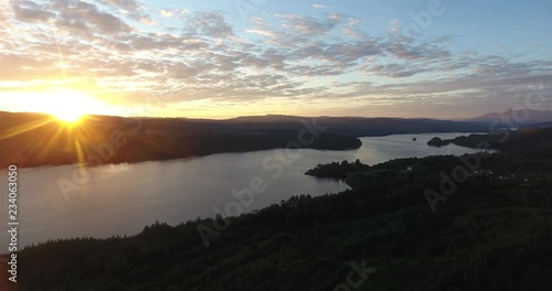 Inspiring Distant Green Landscape Drone Shot in Scotland with a Loch