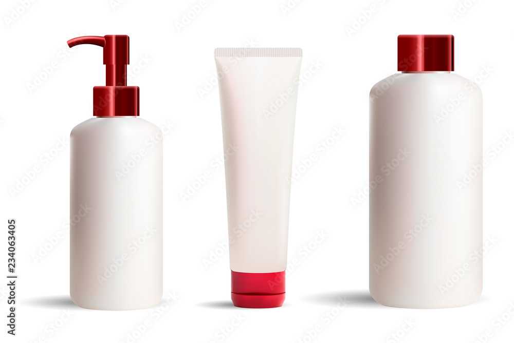 Vecteur Stock Set of cosmetic bottles and tubes mockup. Pearl white jars  with red caps and dispenser. Clear Packaghing without label for your design  of shampoo, cream, toothpaste, liquid soap, conditioner.