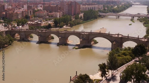 Puente de Piedrat, Historic stone bridge in Zaragoza, Aragon, Spain –  wide photo