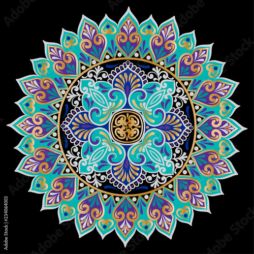 Drawing of a floral mandala in gold, black, turquoise and violet colors on a black background. Hand drawn tribal vector stock illustration