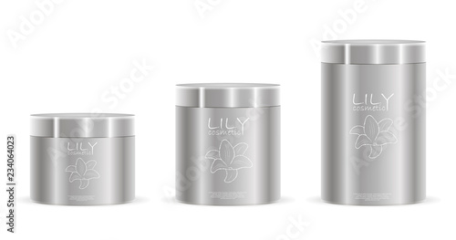 Cream jars pack in silver color with label and logo design. Different height cosmetic cans with lids metallic or plastic. Cosmetics Packaging for cream, salt, powder, ointment. EPS10 vector.