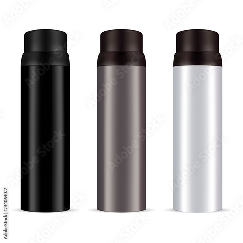 Men's deodorant spray aluminum can set in black, light grey and brown color. 3d Vector cosmetic bottles with round caps. Illustration, Isolated on background.